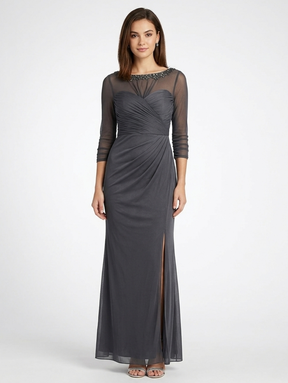 Alex Evenings Gray Jeweled Illusion Ruched Dress